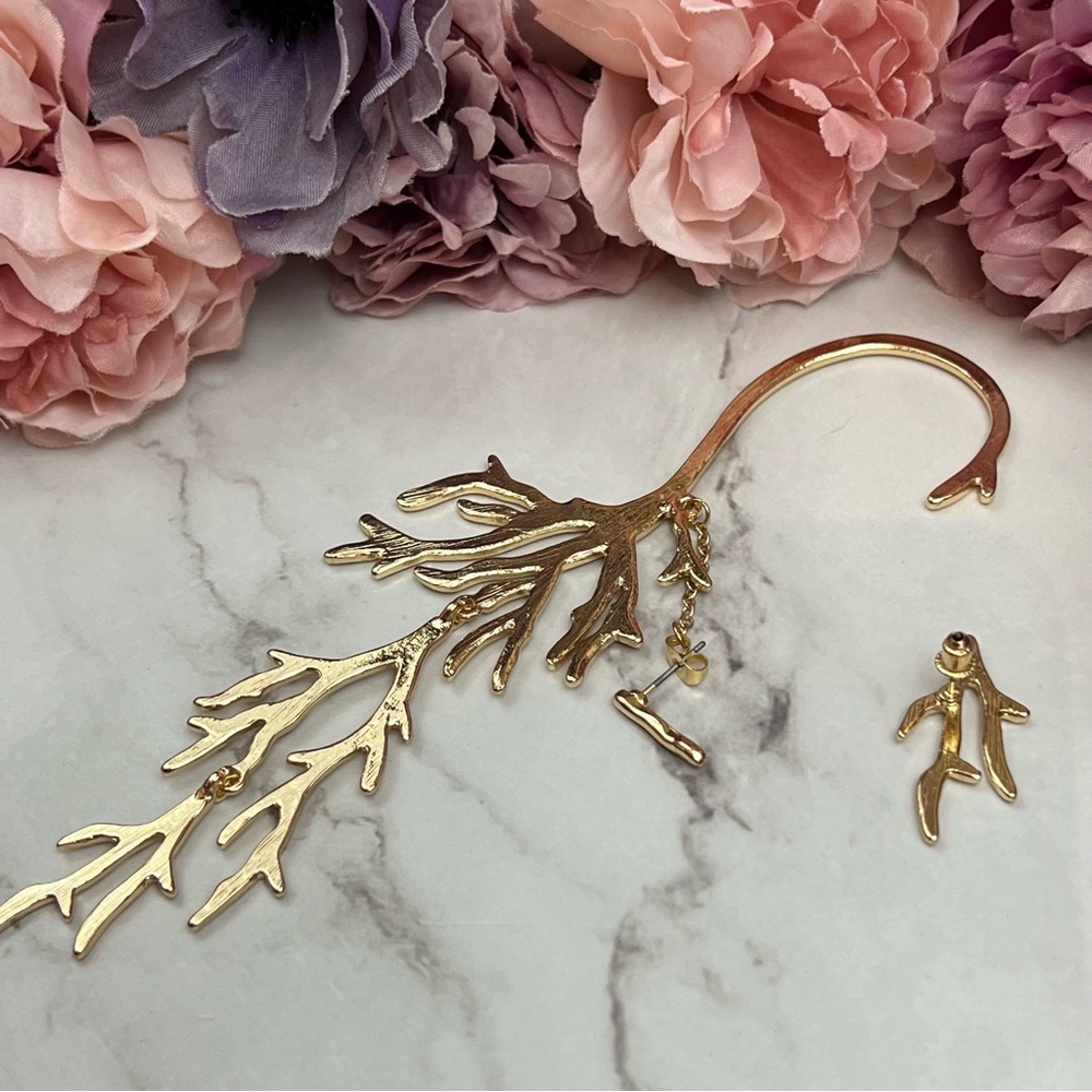 Boho Punk Asymmetric Long Dangling Gold Branch Cuff Earring - Picture 12 of 14